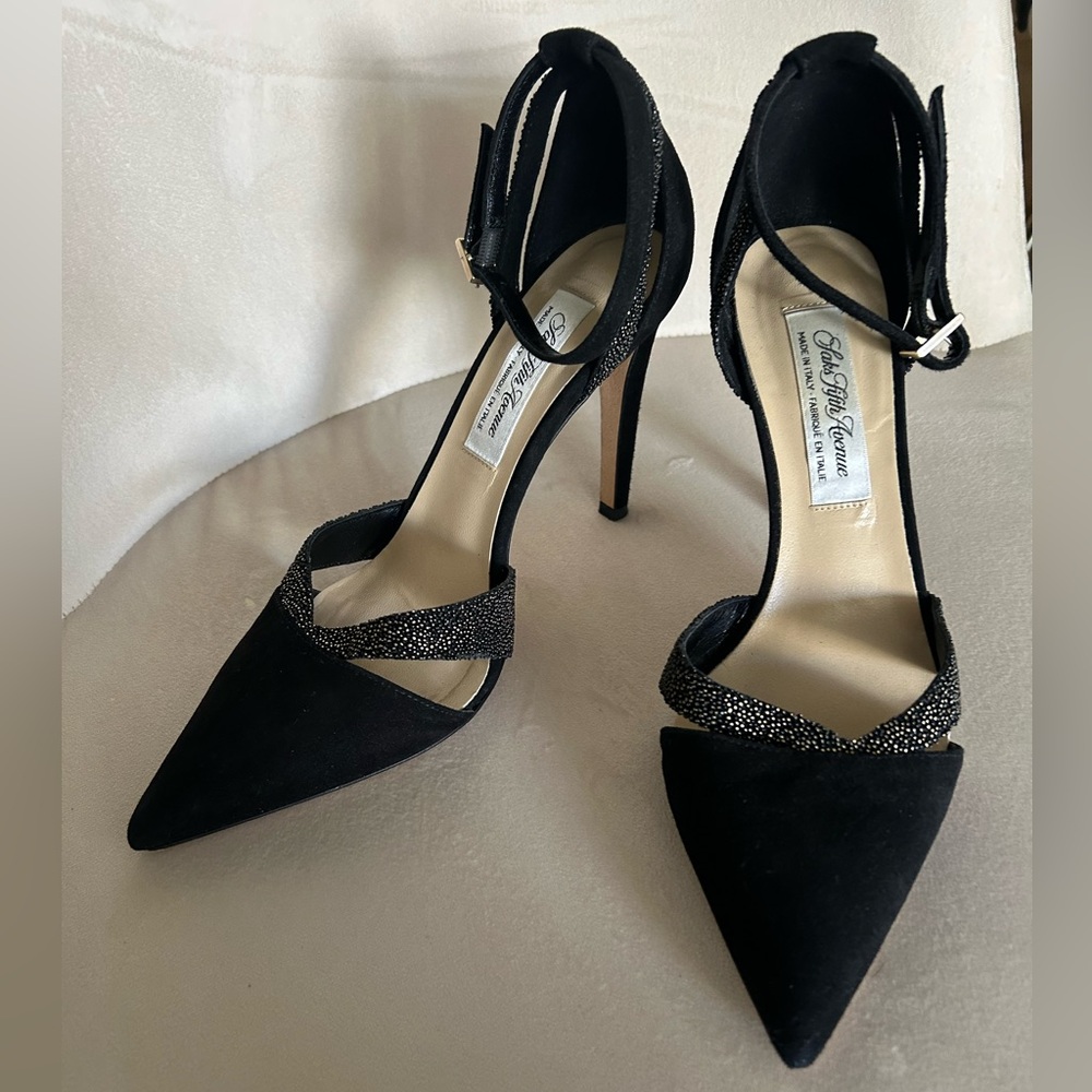 Saks Fifth Avenue pointed toe ankle wrap sparkle heels